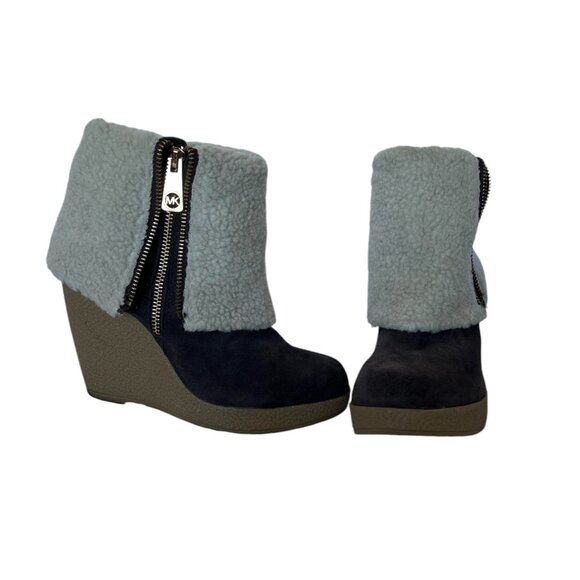 MICHAEL KORS booties Suede Fur Shearling cuff Wedge Bootie Gold MK Zipper 5 1/2 - Picture 3 of 12